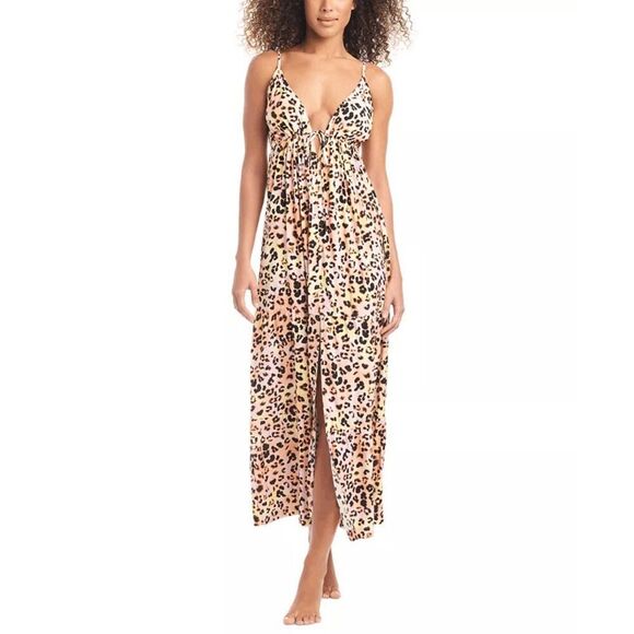Bar III Plunge Cut Pink Yellow Cheetah Print Swim Cover-Up Maxi Dress Large NWT - Picture 1 of 11